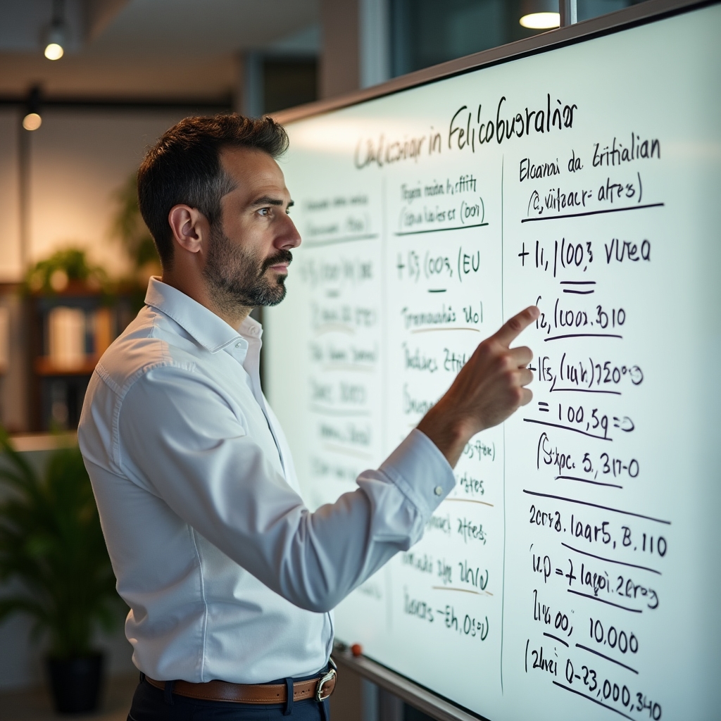 Lavagna con esempi pratici di calcolo fiscale per artigiani